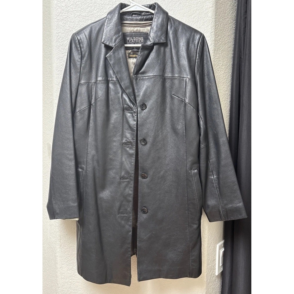 Vintage Wilsons Genuine Leather Black Long Women's Coat Classic Button Sz Large